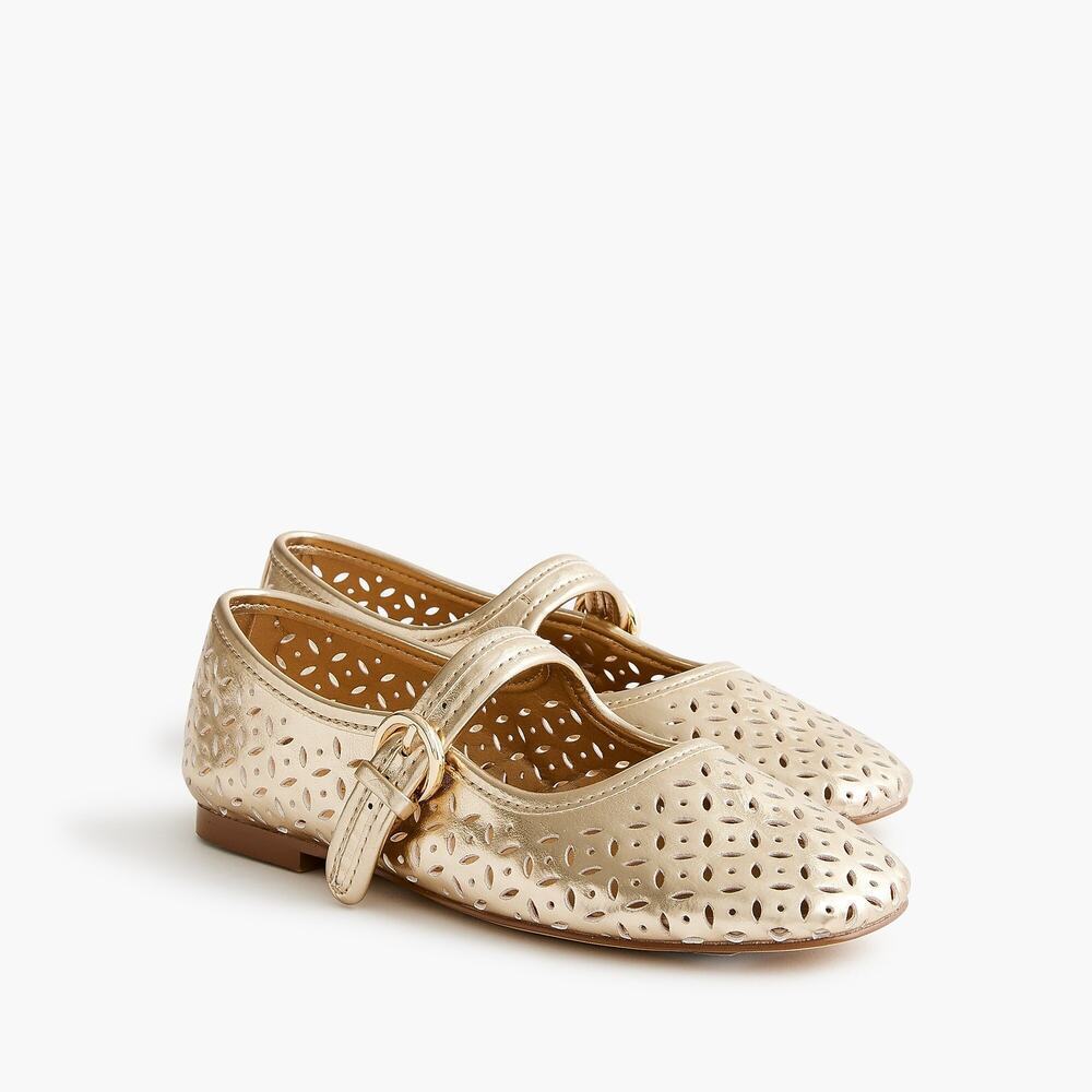 J. Crew Factory Perforated Metallic Mary Janes Sandals CJ618 Gold Size K12 NWT